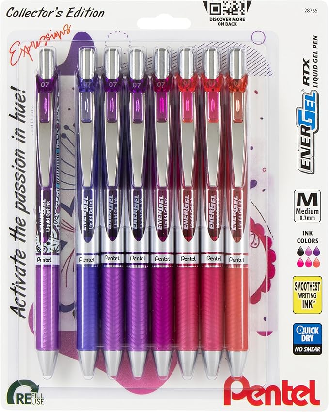 Pentel EnerGel RTX Retractable Liquid Gel Pen, Passion Expressions Pack, 0.7mm, Metal Tip, Medium Line, Assorted Ink, Pack of 8 Pens (BL77XPASBP8M)