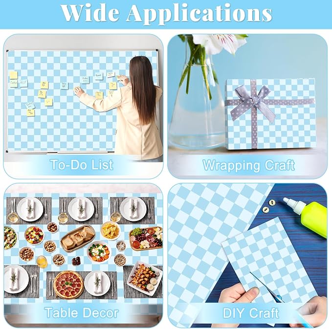 Blue Checked Bulletin Board Roll Reusable Waterproof Erasable Pastel Blue Non-Woven Fabric Bulletin Board Roll Wrinkle Resistant Background Poster for Classroom Decor Wrapping DIY Crafts 15.7" x 20ft