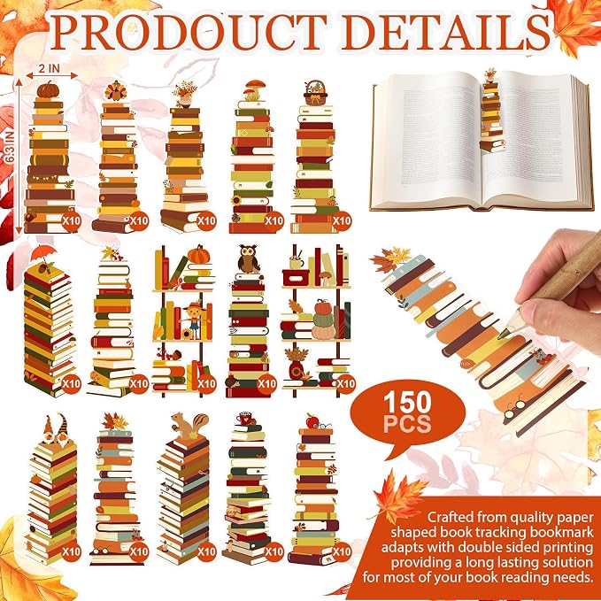 Kolldenn 150 Pcs Book Tracker Bookmarks Bulk 6.3 x 1.97 Inch Bookshelf Love to Read Bookmarks Paper Tracking Double Sided Reading Page Markers for Back to School Reading Lover(Fall)