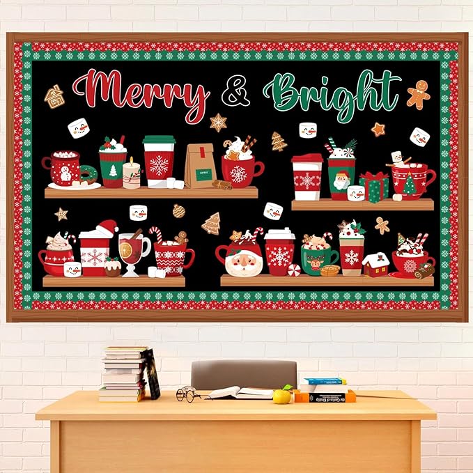 Christmas Bulletin Board Set Merry & Bright Coffee Cup Classroom Decorations Christmas Latte Santa Snowmen Bookshelf Paper Cutouts for Door Wall Decor Xmas Winter Holiday Party Supplies