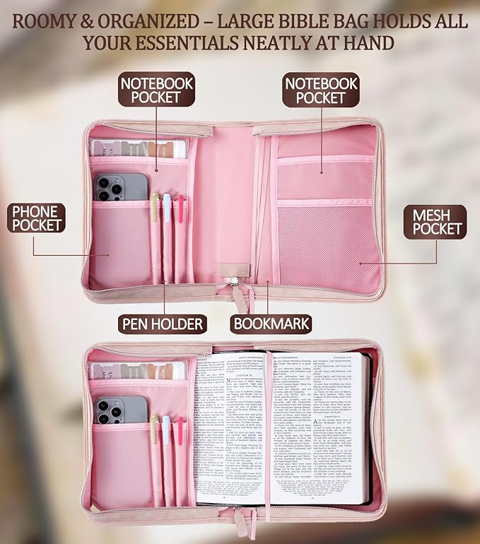 Vegan Leather Bible Cover Case, Bible Bag with Phone Pocket, Bible Case for Men Women, Christian Gift Box Packaging (Pink)