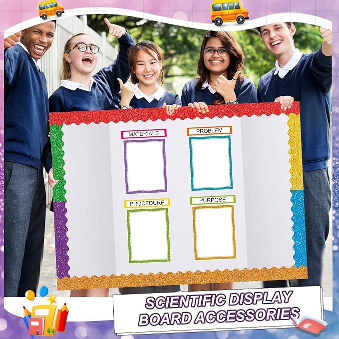 Fuyoooo 90 Pcs Science Fair Board Supplies 60 Trim Scalloped Bulletin Borders 24 Presentation Board Subtitles 6 Science Fair Titles for Classroom Display Boards(Glitter,Wave)