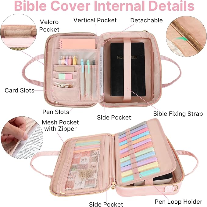 PUGPIU Bible Cover Case for Women, Large Quilted Bible Bag with Shoulder Strap and Handle, Bible Study Supplies Journaling Kit with Highlighters Pens No Bleed Tabs Notebook Cross Clips (Pink)