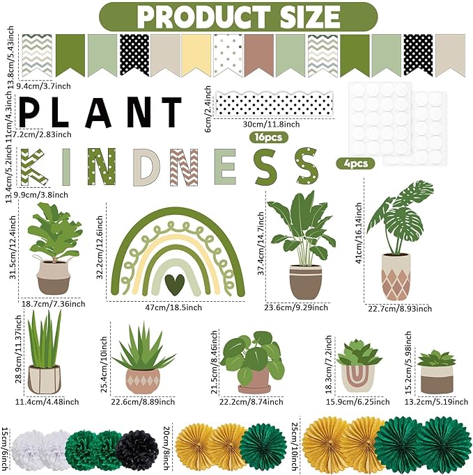Summer Greenery Bulletin Board Decorations with 3D Tissue Paper Flower Paper Fan Positive Plant Kindness Classroom Bulletin Board Border Greenery Rainbow Cutouts for School Home Chalkboard Supplies