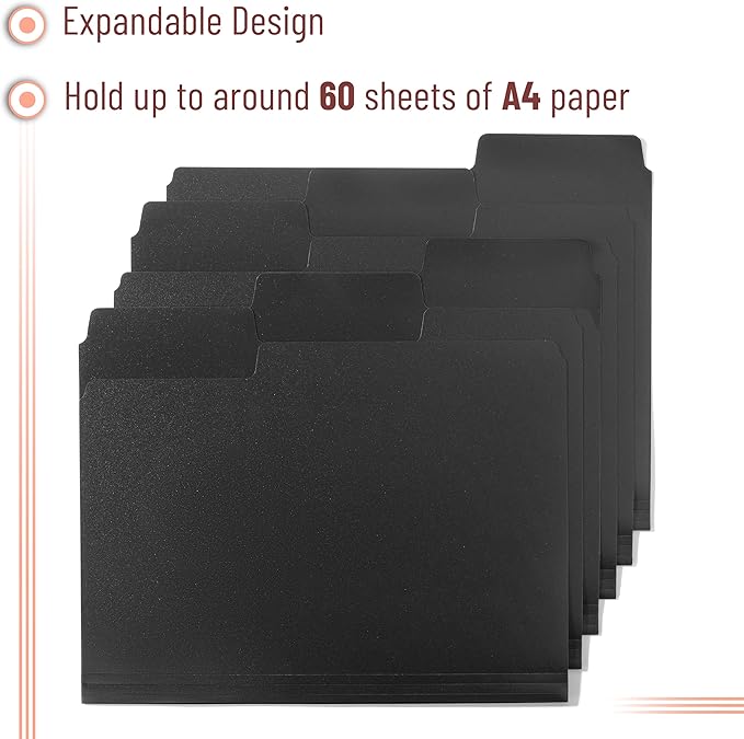 Mr. Pen- Black File Folders Letter Size, 6 Pack, 1/3 Cut Tab & Expandable Design, 24 pcs of Labels, File Folders Black