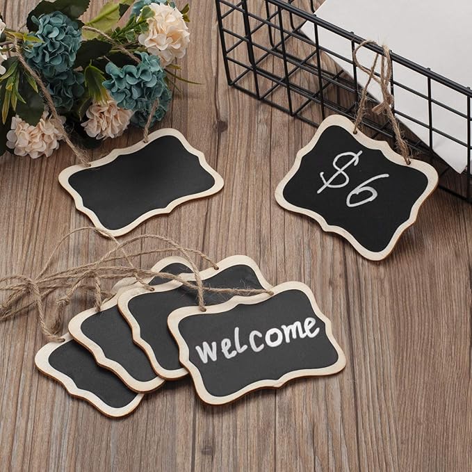 16 Pack Chalkboard Tags Hanging Chalkboard Signs, Double Sided Blackboard Tags Wooden Mini Massage Board Tags, Hanging Chalkboard Price Tags for Message Tags, Food Tags, Wedding Hanging Labels
