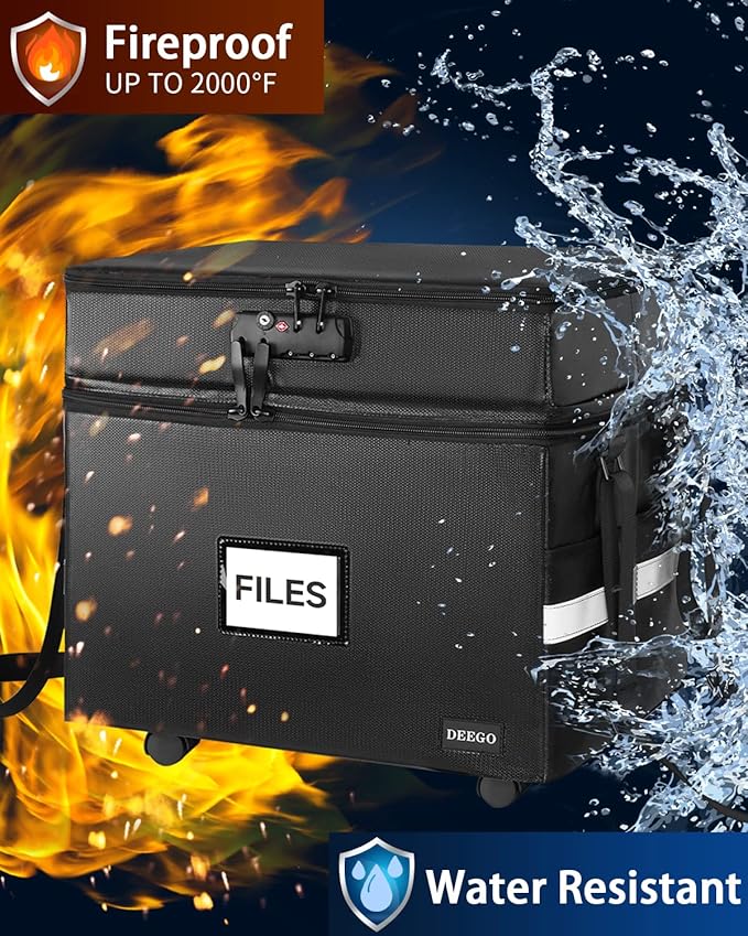 DEEGO Rolling File Box, Fireproof Document Box with Wheels Multi-Layer Water-Resistant File Organizer Portable file Cabinet Document Safe filing box for Home Office for Hanging Letter/Legal Folder