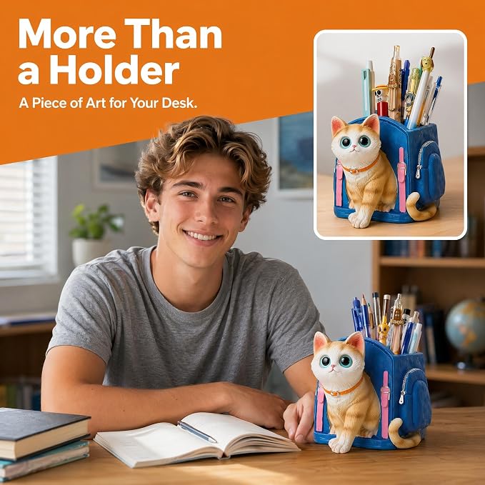 Cute Lucky Cat Pen Holder for Desk, 2026 New Cat Pencil Holder, Cat Lover Gifts for Women, Cat Desk Accessories Decor for Home Office School, Gifts for Cat Lovers