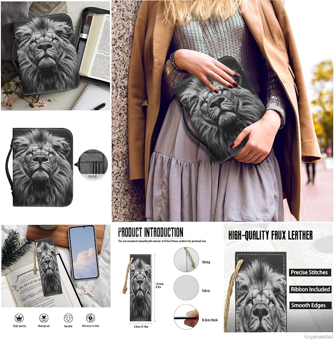 Lotusorchid Lion Print Bible Tote Bags for Women Bible Case with Matched Book Marks for Men, PU Leather Bible Cover Bible Bags Christian Bible Study Accessories, Black