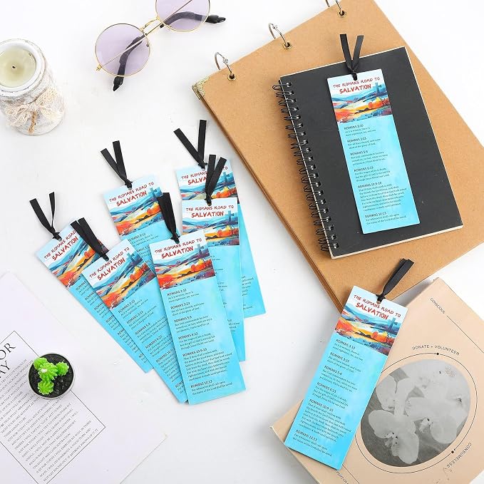 50 PCS Romans Road to Salvation Bookmarks King James Version Translation Romans Road Bookmark Cards Roman's Road to Salvation Bookmarks with 50 PCS Hanging Strings 6 x 2 Inches