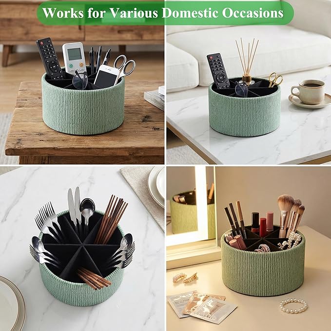 Remote Control Holder, 360°Spinning PU Leather Desk TV Remote Caddy,Desk Storage Box Room Accessories for Controller, Media,Mail,Calculator, Mobile Phone,Pencil(1-Big Wood Green)