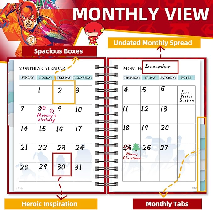 Superhero Large Planner - Undated Daily, Weekly & Monthly Life Planner, 2025 2026 2027 Calendar & Holiday Habit Tracker, Monthly Tabs, 12 Months Spiral Notebook for Office School Gift Supplies(Red)