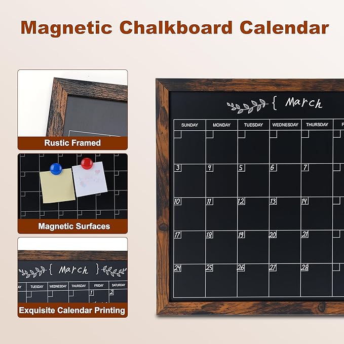 Chalkboard Calendar for Wall,13" x 17",Small Rustic Framed Magnetic Chalkboard for Home Kitchen Office School