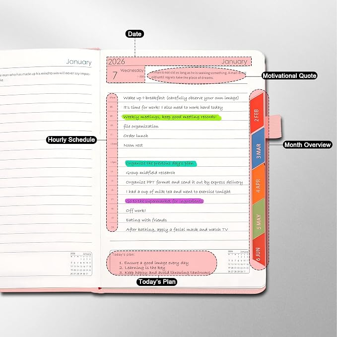 2026 Planner A5, Weekly and Monthly Calendar Planner, Jan 2026 - Dec 2026,Hardcover Pink, Lay Flat Academic Organizer for Office Teacher School,Notebook,5.7"x8.3"