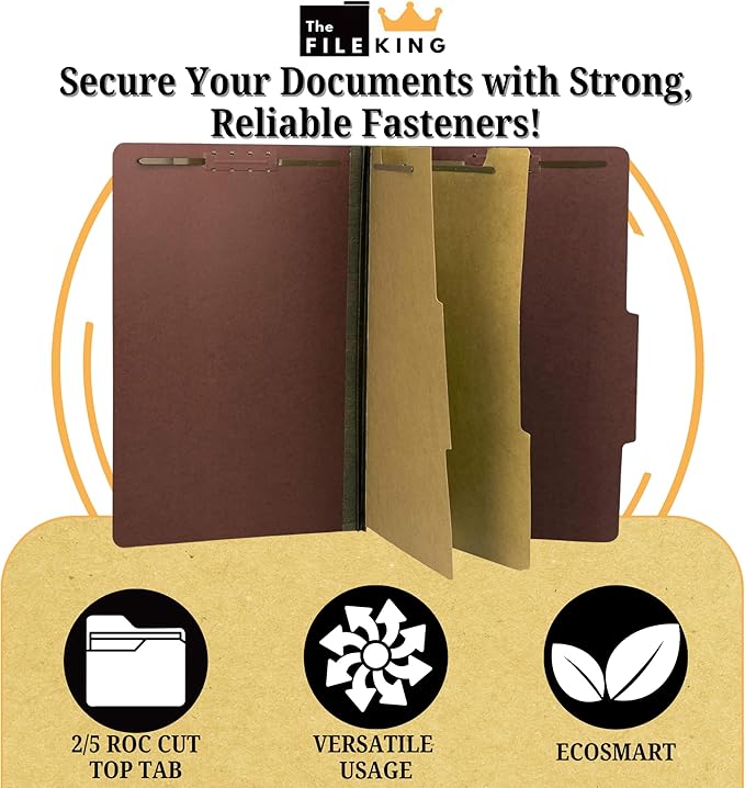 The File King Two Divider Legal Size Pressboard Classification File Folder - Brick Red | Made in America | Box of 10 | Top Tab | 2” Expansion | Durable 2-Inch Fastener Prongs