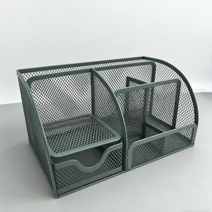 Fengtaiyuan T20, Forest Green Metal Mesh Desk Organizer with Drawer, 8.66x5.12x5.51 inch Multi-functional Desktop Storage Caddy for Office, School, Art Supplies (T20)