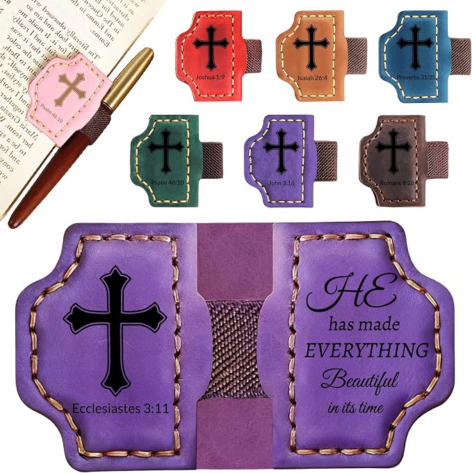 Personalized Leather Bookmark with Pen Holder - Magnetic Bible Verse Design, Christian Book Lovers Reading Accessory, for Book Lovers Men Women (Purple, Ecclesiastes 3:11)