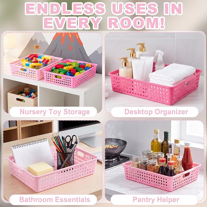 Pink 6 Pack Plastic Classroom Paper Baskets, Turn in Trays, Organizing Desk Tray for A4 Papers, Classroom Storage Turn in Bins, for Teachers and Students, Office Desk Room Trays