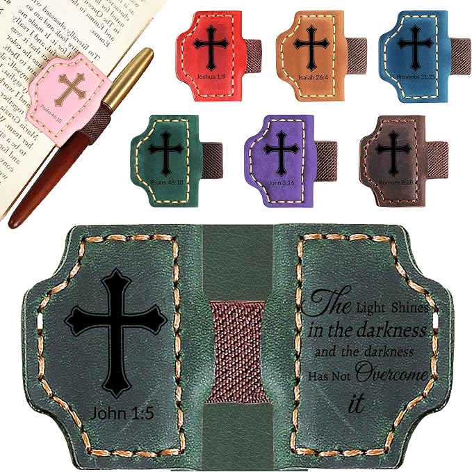 Personalized Leather Bookmark with Pen Holder - Magnetic Bible Verse Design, Christian Book Lovers Reading Accessory, for Book Lovers Men Women (Green, John 1:5)