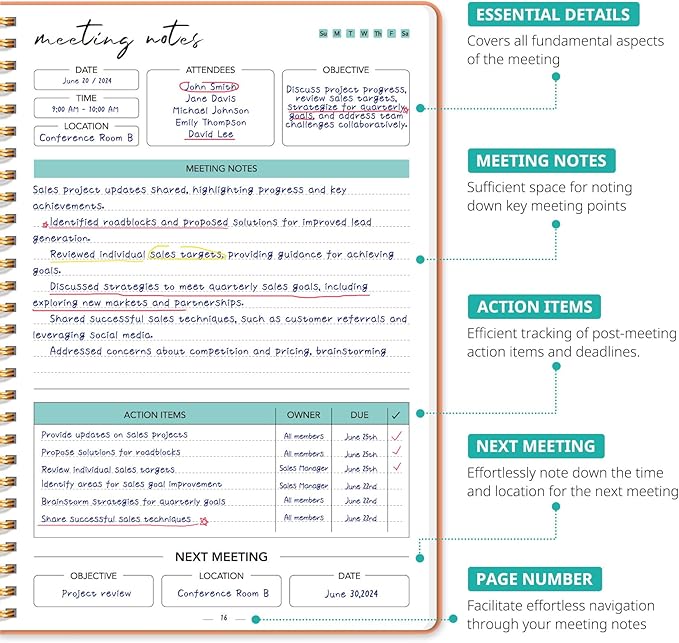 Meeting Notebook for Work Organization - Work notebook with action items, Meeting Minutes Planner Notebook, Perfect Office Supplies for Men & Women - Coral