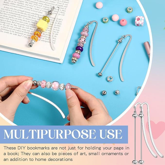 Dunzoom 4 Pcs Beadable Bookmarks DIY Metal Blank Bar Modern Bookmark Craft Jewelry Pendant Charm Gift for Book Lovers Student Teacher Office Supplies(Classic)
