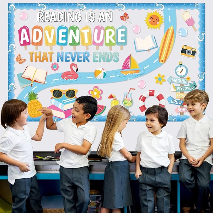Summer Reading Bulletin Board Set Reading is an Adventure Bulletin Board Decoration Colorful Flamingo Watermelon Books Cutouts for Summer Back to School Library Home Chalkboard Wall Decor