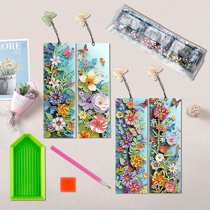 4 Pcs 5D Flowers and Butterfly Diamond Art Bookmarks,DIY Diamond Painting Book Marks with Rhinestone Tassel for Graduation Birthday Reader Gifts