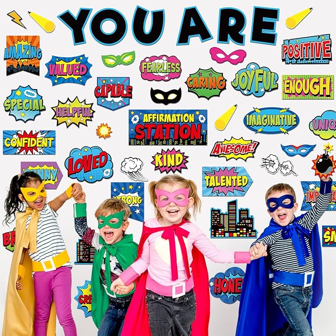 45 Pcs Hero Affirmation Station Bulletin Board Set Motivational Posters Classroom Mirror Growth Mindset Decor Positive Affirmations Accents Cutouts for School Office Home Teacher Wall