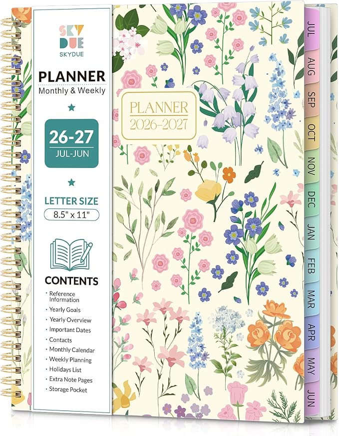 SKYDUE 2026-2027 Monthly and Weekly Academic Planner, July 2026-June 2027, 8.5"x11", Agenda Calendar with Colorful Tabs and Storage Pocket, Ideal for School Office Supplies
