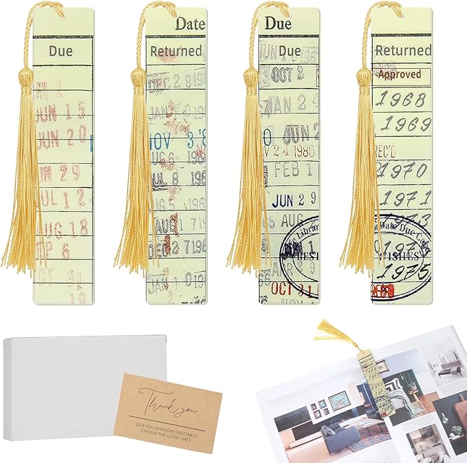 Bookmark for Book Lovers, Vintage Library Due Date Card Bookmarks Set, 4pcs Creative Acrylic Bookmarks for Men Women Book Lovers, Book Accessories Gift for Birthday, Teachers Appreciation
