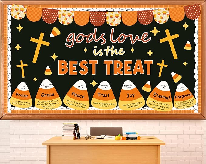Halloween Candy Corn Bulletin Board Decorations Fall Christian Paper Cutouts Religious Gods Love is The Best Treat Cross Bulletin Party Supplies for School Classroom Home Chalkboard Wall Door Decor