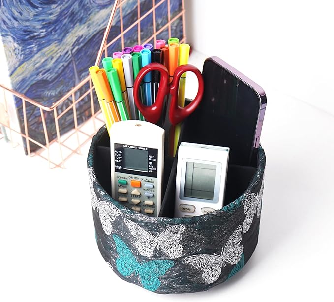 Round Leather Art Supply Organizer,Remote Control Holder,360-degree Rotating Pen Organizer with 4 Compartments(1-Butterfly Green3)