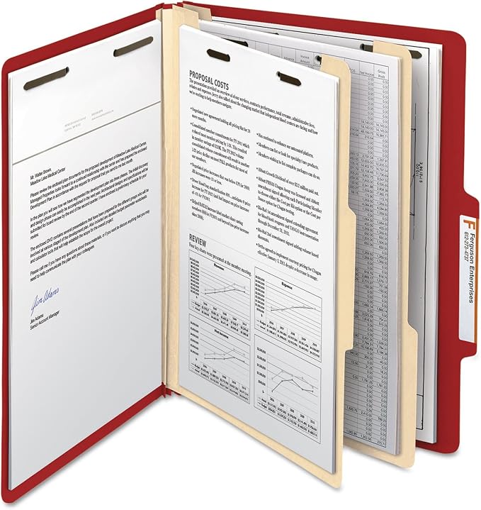 Smead Classification Folder with Prongs, 2 Dividers, 2" Fasteners, Letter Size, for Documents Organization, Durable File Organizer for Home, School or Office, Red (14003)
