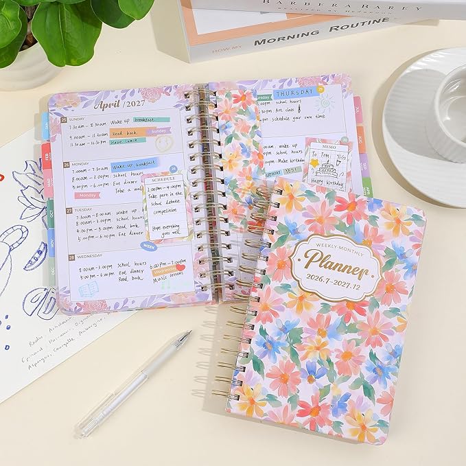 Planner 2026-2027, Floral 18 Months Academic Daily Weekly Monthly Planner Yearly Agenda July. 2026–Dec. 2027, 5.58" x 6.3", Month Tabs, Pocket Folder, Bookmark, Stickers,Ruler with Sticky Note Set