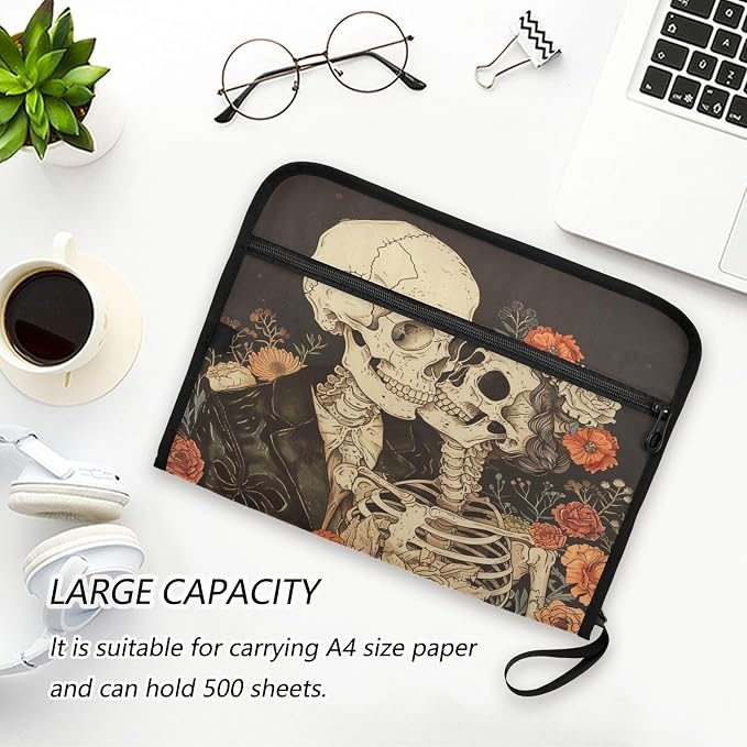 ALAZA Romantic Skeletons and Flowers Expanding Filing Folder, 13 Pockets Expandable Document Organizer Folder with Zipper Closure for Home Office A4 Letter Size Paper Document