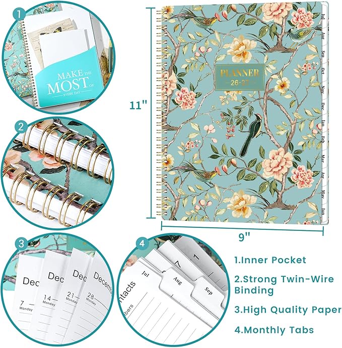 Planner 2026-2027 / 9'' x 11'' Academic Planner 2026-2027, July 2026 - June 2027 Academic Calendar with Weekly and Monthly Planning Page, Planners 26-27 with Tabs, Premium Thick Paper, Strong Gold Twin-wire Binding, Back Pocket - Floral