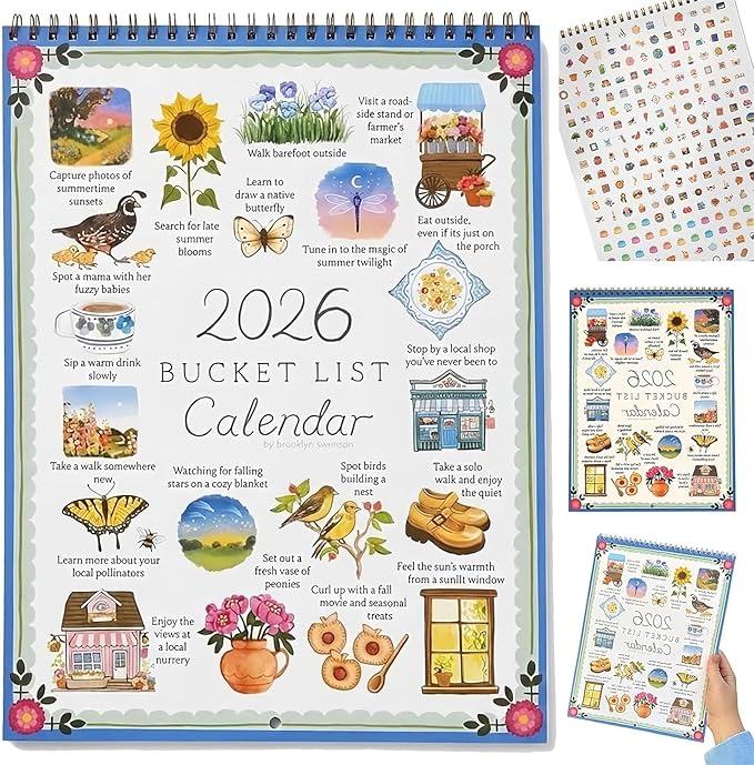 2026 Bucket List Calendar | 12-Month Wall Calendar with Illustrated Monthly Pages, Inspirational Monthly Goal Planner Spiral Wall Calendar, DIY-Friendly & Daily Prompts Women Gift for Friends (2026 Bucket List Calendar)