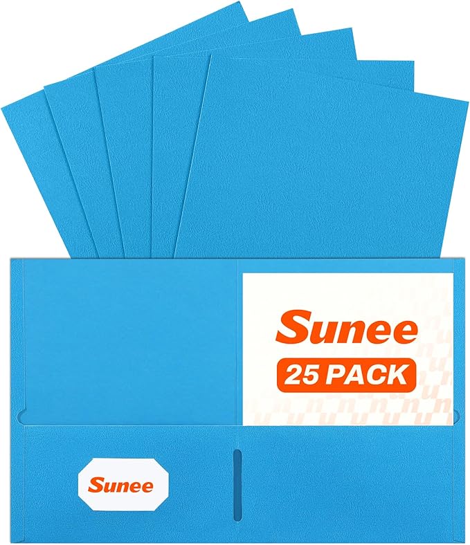 SUNEE Folders with Pockets(25 Pack, Blue), 2 Pocket Folders Fit Letter Size Paper, Paper File Folder for School Office Home Business