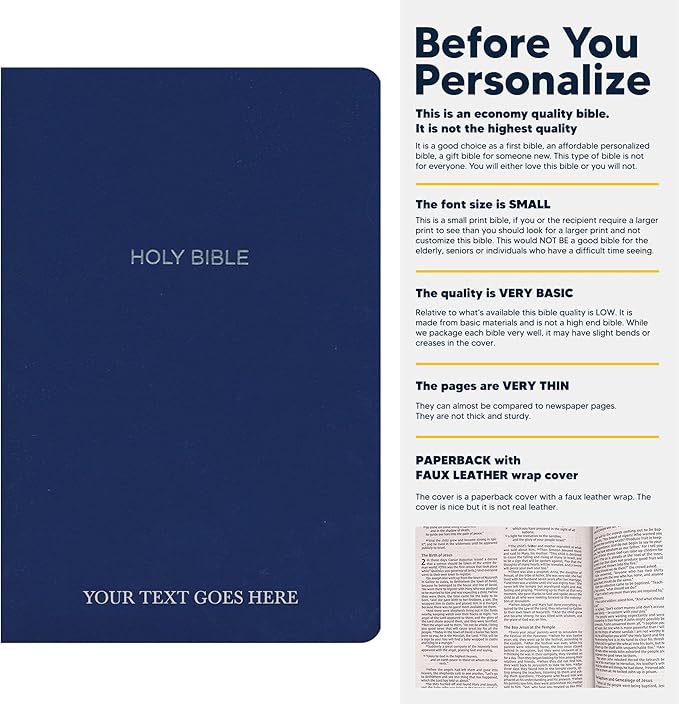 Personalized NKJV Bible New King James Version Faux Leather Holy Bible Small Print Economy Bible with Custom Name at The Lower Right Side, Custom Gift for Christian & Religious Celebrations (Blue)