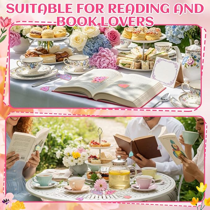 Resurhang 24 Pcs Tea Bag Bookmarks Tea Party Favors Cute Hand Embroidered Teapot Bookmarks Gift for Spring Holiday Teacher Women Book Reading Lovers Gift Book Marks (Classic)