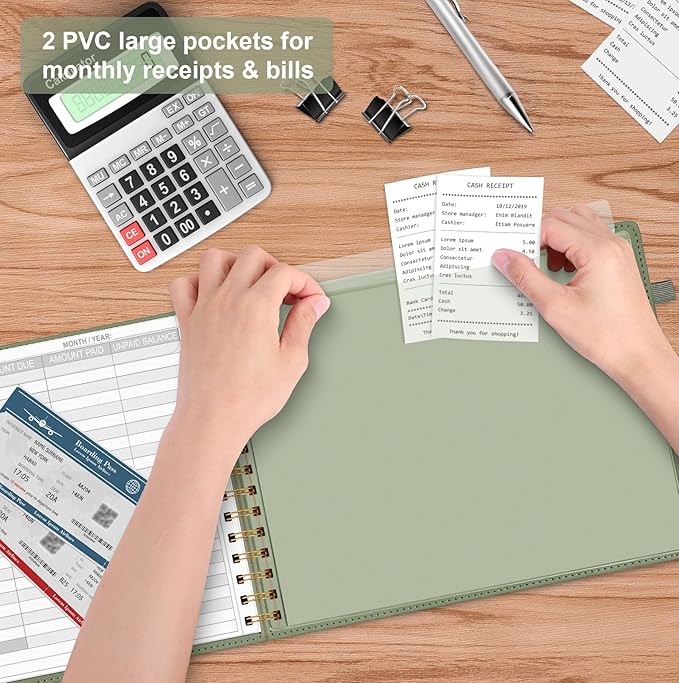 HAUTOCO Hardcover Bill Tracker Notebook Horizontal Monthly Bill Payment Organizer for Personal Budgeting Home Finance with 2 Storage Pocket Expense Checklist Tracking Planner 10.78 x 8'', Olive Green