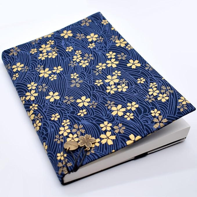 BLBMH 5x8 Book Cover | Handmade Non-Stretch Fabric Sleeve with Bookmark | for Paperback Bible Journal | Privacy Reading Gift for Women - Blue Sakura