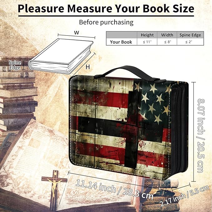Bible Cover for Men Women,Large Leather Bible Case Fit Book Up to 11x8x2 Inch,Cross on American Flag Bible Covers Bible Study Carrier Church Bags w/Handle & Zipper