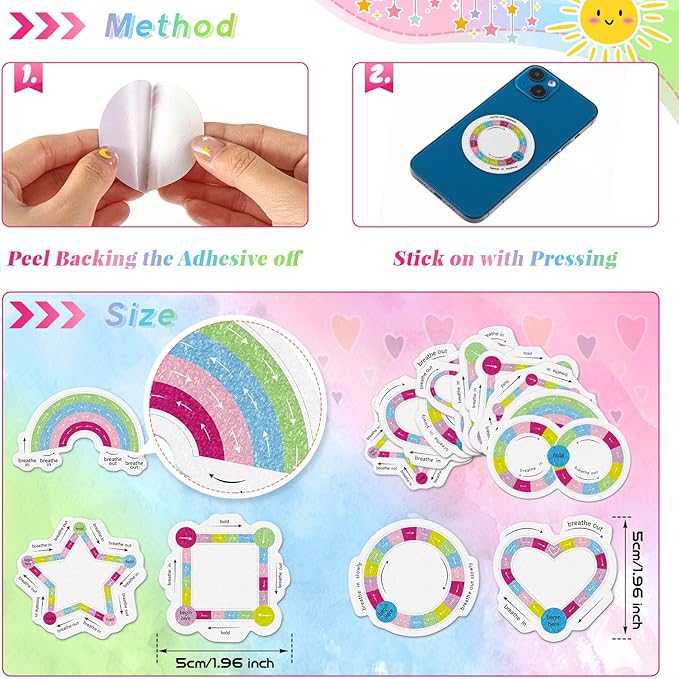 Gersoniel 36 Pcs Anxiety Sensory Stickers Strips Adhesive Textured Mental Health Calm Stickers Mindfulness Fidget Decals Stress Anxiety Relief Items for Therapy Office Desk(Cute Breathe Style)