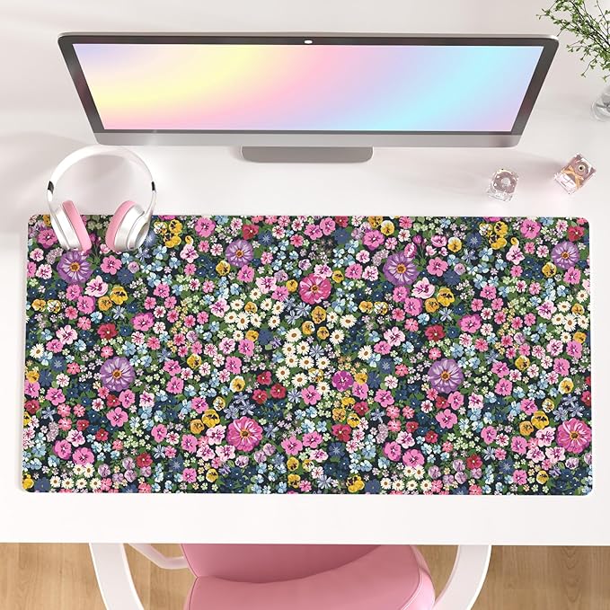 Colorful Star Large Mouse Pad, Floral Desk Mat Office Supplies, Waterproof Faux Leather Big Gaming Mousepad for Women Girls, Blooming Flowers Desk Pad Home Office Décor Accessories 31.5" x 15.7"