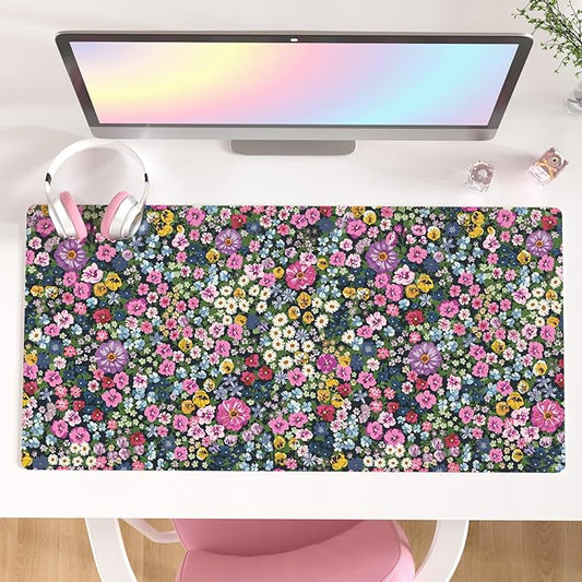 Colorful Star Large Mouse Pad, Floral Desk Mat Office Supplies, Waterproof Faux Leather Big Gaming Mousepad for Women Girls, Blooming Flowers Desk Pad Home Office Décor Accessories 31.5" x 15.7"
