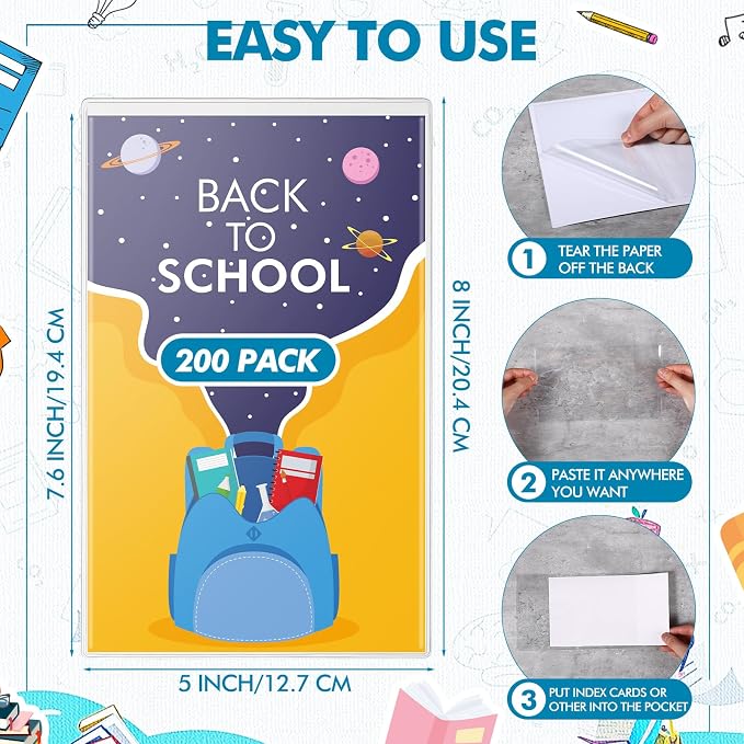 Outus 400 Pcs Self Adhesive Shop Ticket Holders Clear Plastic Sleeves Adhesive Pockets Work Order Job Ticket Holders for Back to School Student Label Home Office Posting Signs (5 x 8 Inch)