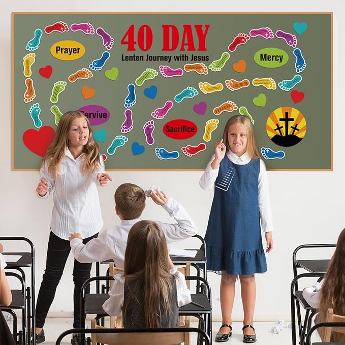 Mooliwe 67 Pcs Religious Bulletin Board Set 40 Day Lenten with Jesus Bulletin Boards Sunday School Decoration Christian Bulletins Board Cutouts for Church Sunday School Classroom Chalkboard Wall Decor
