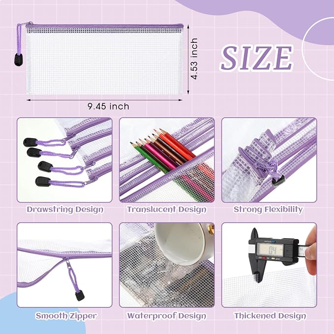 Zhehao 200 Pieces A6 Mesh Zipper Pouch Bulk Mesh Bags with Zipper Waterproof Small Pencil Pouches for School Office Supplies Organization 9.4 x 4.5 Inches(Purple)