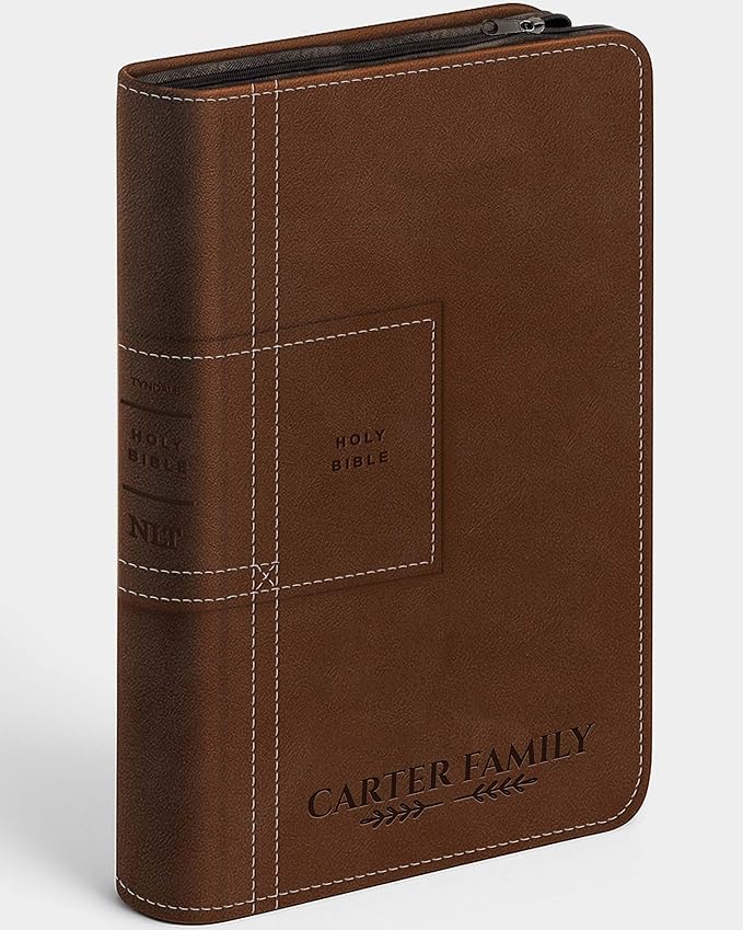 Personalized NLT Bible with Engraved Name, Atlas Rustic Brown Thinline Reference Zipper Edition, Faux Leather, New Living Translation